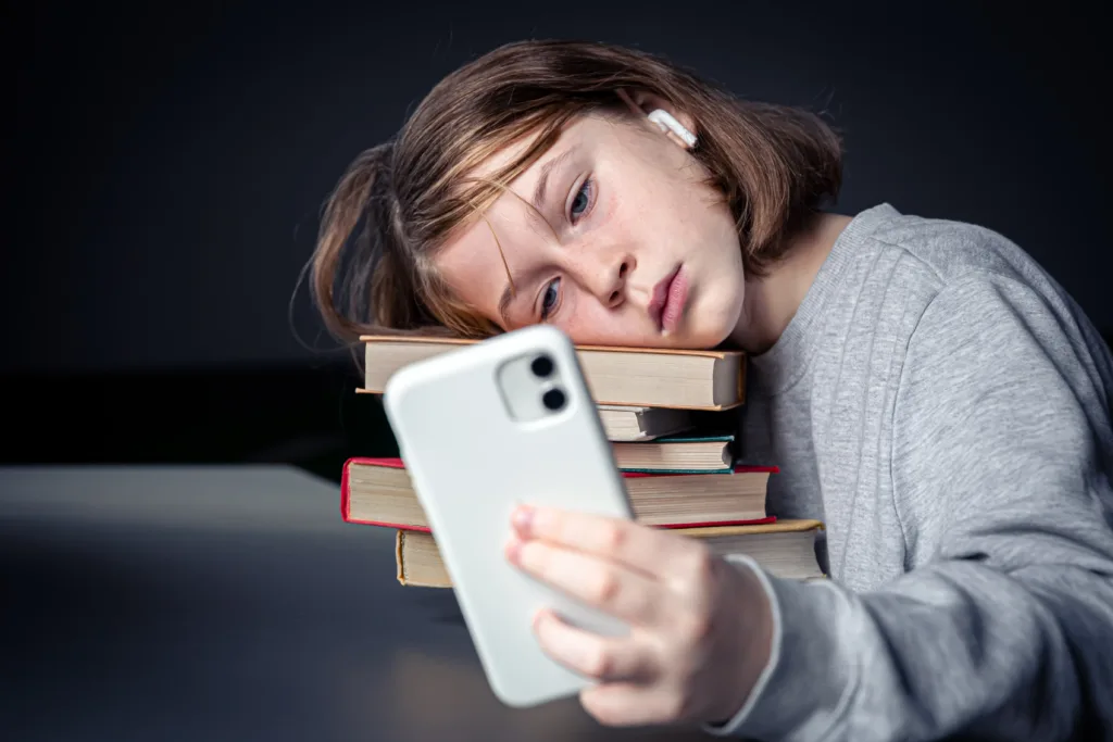 little girl sits near books takes selfie bored from reading